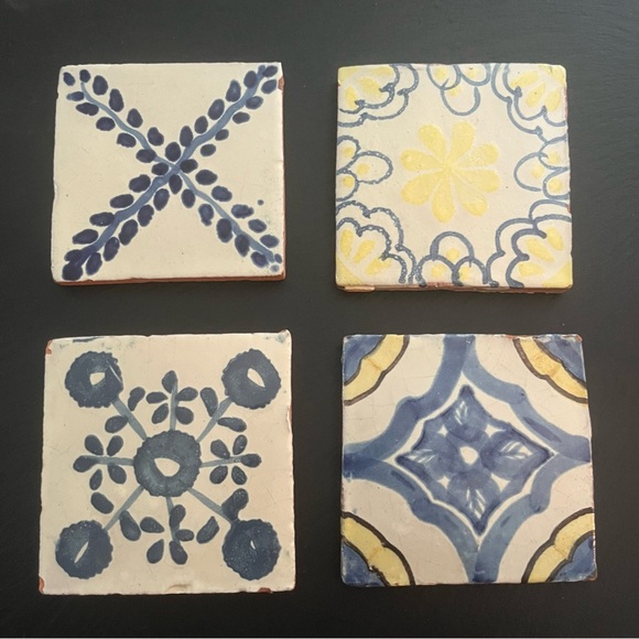 Mexican Hand Painted Terra-Cotta Talavera Vintage Tiles Set of 4 - Picture 1 of 14